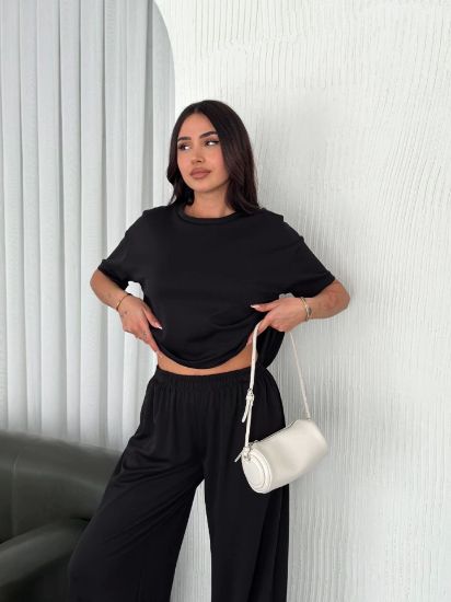 Osy Modal Yumuşak Dokulu Kumaş Bisiklet Yaka T-shirt Bol Paça Pantalon Ikili Takım -Siyah resmi